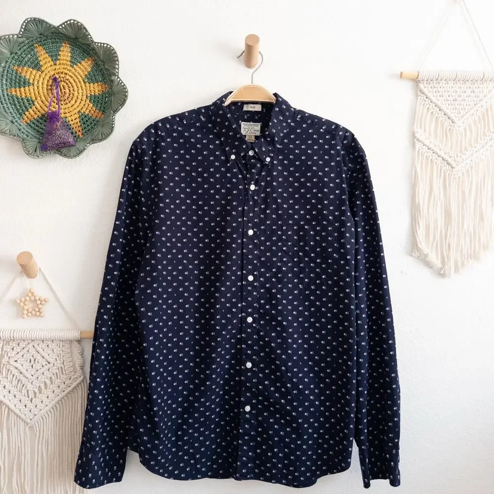 J. Crew Navy Floral Organic Cotton Slim Casual Button Down Shirt Size XL